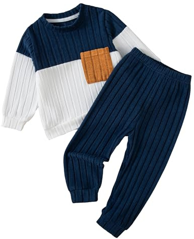 JiAmy pojkar vardaglig uppsättning långärmad kläder t-shirt med elastisk midja byxor mjuka myskläder lekkläder 1-6 år, Marinblå och vit, 7-8 Years