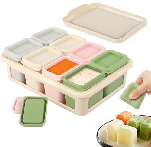 Oaioya 8 Stück Silikon Einfrieren Behälter 50ml Babynahrung Aufbewahrung Beikost Baby Zubehör mit Deckel Auslaufsicher Eiswürfelform mit Behälter BPA frei für Gemüse Eiswürfeln (Eiscremefarben)