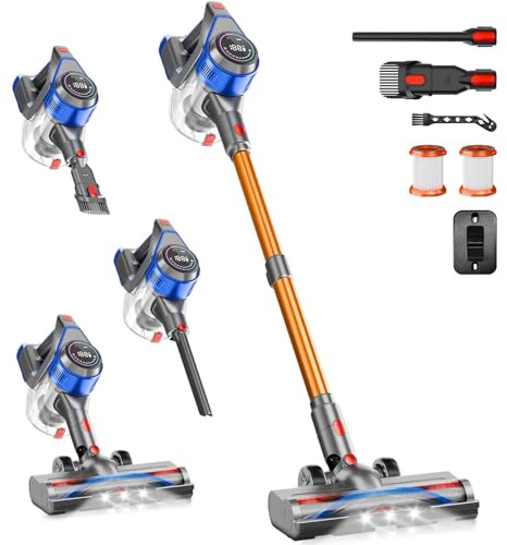 BSNAW Cordless Stick Vacuum Cleaner - Rechargeable, 35Kpa Powerful Vacuums with Detachable Battery, LED Display, 45Mins Runtime, 8 in 1 Handheld Vacuum for Hardfloor & Carpets Pet Hair, Blue