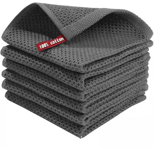 LxsNyvantic Torchons de Cuisine 6 Pièces 30×30 cm 100% Coton Gris Foncé avec Boucle d’accrochage Lavables en Machine Essuie Mains et Chiffons pour Vaisselle et Plan