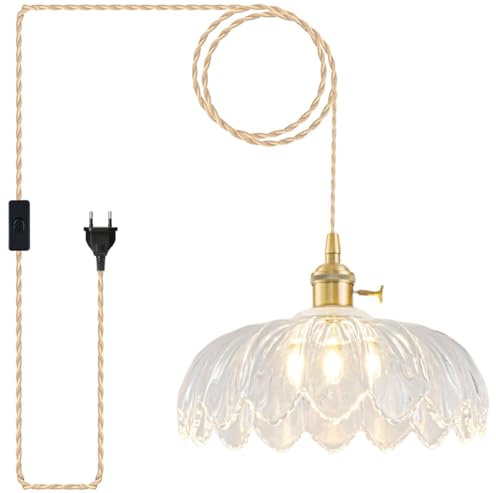 NETHCUEL Plug-In-Hängelampe, Hängeleuchte Glas-Pendelleuchte, Vintage-Transparenter-Hängelampe mit Stecker, Vintage Pendelleuchte, Geeignet für Kücheninsel, Wohnzimmer, Leuchtmittel Nicht Enthalten