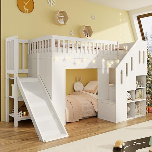 Zravenna Letto a soppalco in legno massiccio, 90 x 200 cm, con scivolo e scaffale, multifunzionale con armadio, protezione dalle cadute, ringhiera stabile, bianco