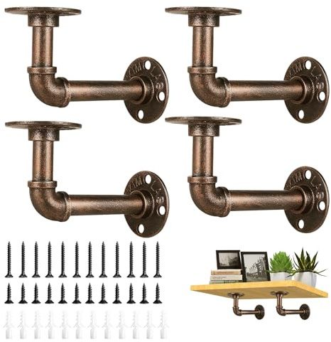 4 Stück Industrielle Regalhalterung, 17×9,5cm Retro Regalhalter Rot Bronze Wand Regalträger Rohr Regal Klammern mit Schrauben Industrielle Regalwinkel für Home Bücherregal