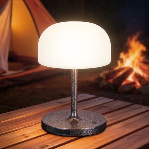 Vikdio Cordless Table Lamp, Waterproof 4000mAh Rechargeable Mushroom Lamp, Small Touch Light for Outdoor Indoor Bedroom Bathroom Camping Patio, Shower Lamp with Mushroom Lampshade - Antique Silver | Silver Metal Base, Mushroom PE Lampshade, Waterproof LED Light for Indoor/Outdoor: Bedroom Living Room Bathroom Camping Patio