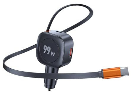 Hoembpn 99W 3 in 1 Zigarettenanzünder USB C Auto Ladegerät, Einziehbares Typ-C Ladekabel KFZ Schnellladegerät, 12V/24V USB Auto Adapter für iPhone/Samsung/iPad/GPS/Dashcam