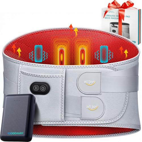 ALLJOY 170cm Ceinture Chauffante Lombaire Sans Fil avec Batterie 10000mAh, Coussin Chauffante Dos Grande Taille, 3 Niveaux de Chaleur et Massage vibrant, Blocs Chauffants pour Homme Femme Cadeaux