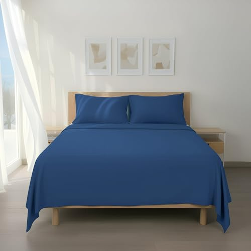 H HANSEL HOME Juego de Sábanas de Microfibra Cepillada, Sábana Bajera Ajustable Altura 30 cm, Encimera y Fundas de Almohada, para Cama 105cm, 3 Piezas 105x190/200cm - Azul Marino