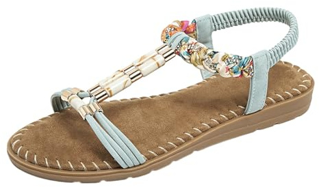 Nuoke sandalias,sandalias planas, planas con cuentas para, de con tiras elásticas en T Cunas Blancas (Light Blue, 38)