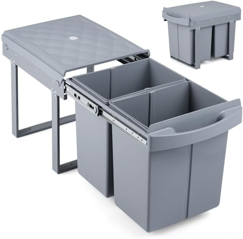 TANGZON 40L Kitchen Pull Out Bin, 2x20L Under Sink Bin with 2 Removable Compartments & Sliding Buffer, Recycling Waste Bins for Cupboard Cabinets 35cm or Wider