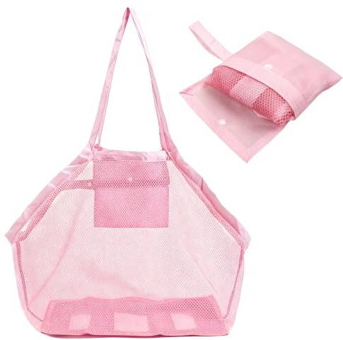 FOSDICK Bolsa Playa Rejilla, Ligero Bolsa Juguetes Playas con Malla Antiarena, Plegable Bolsa para Juguetes de Playa de Secado Rápido para Al Aire Libre Natación Viajes Toallas Picnic (Rosa)