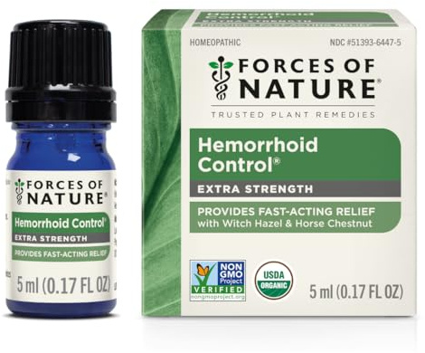 Forces of Nature Hemorrhoid Control Extra Strength, Organic Homeopathic Medicine with Witch Hazel, Horse Chestnut, and Soothing Essential Oils for Itching, Swelling & Discomfort, 5ml (0.17 fl oz)