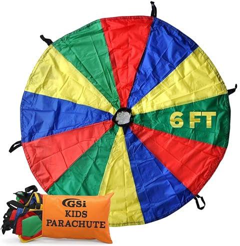 GSi Kids Rainbow Parachute 6 ft to 35 ft for School & Gym Class | Bright Rainbow Colors, 54 GSM Fabric, Cross-Stitched Handles, Field Day & Birthday Parties, Storage Bag Included