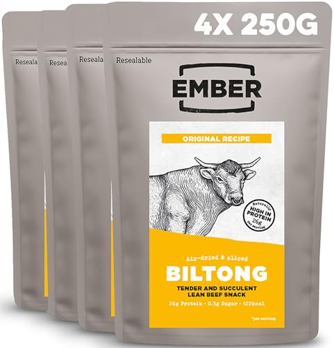 Ember Biltong de Bœuf Original 1 kg - Viande Séchée Beef Jerky Riche en Protéines - En-cas Faible en Gras, Sans Sucres Ajoutés, Keto - 4 Sacs Refermables de 250 g (L'emballage peut varier)