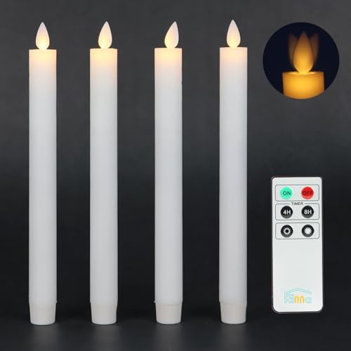 Fanna 4 vita flimrande flamlösa avsmalnande ljus, äkta vaxfärdiga batteridrivna ljus med fjärrkontroll, 8 batterier ingår