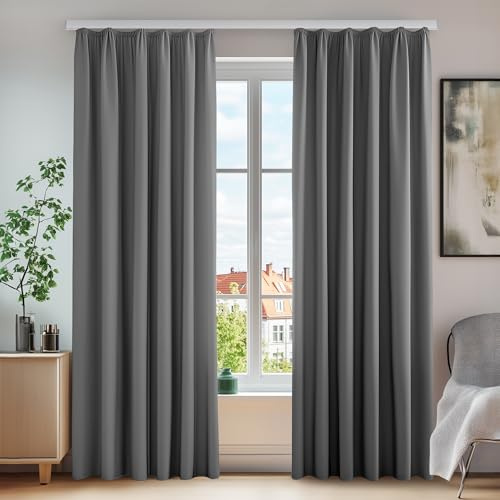 Deconovo Kräuselband Verdunkelungsvorhang für Schlafzimmer Gardine Hellgrau | 2er Set, H 260 x B 140 cm, Thermovorhang Hitzeschutz, Schlafzimmer, Sichtschutz, Lärmschutz, Wärmehaltung, Wohnzimmer Deko