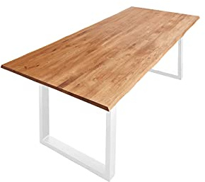 SAM Esstisch Seattle 180x90 cm Wildeiche Baumkante U-Gestell weiß | Baumkantentisch, Eichenholz geölt, 26 mm Tischplatte, Unikat, Metallgestell, pflegeleicht