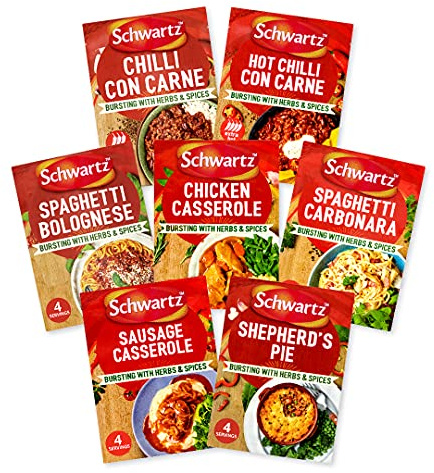 Schwartz Meals for the Week Bundle 41 G Serves 4 Pack of 7 Spaghetti Bolognese Spaghetti Carbonara Sausage Casserole Shepherd's Pie Chicken Casserole Chilli Con Carne + (Hot)