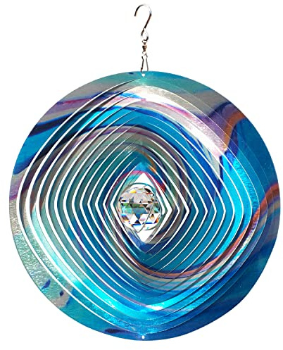 FONMY Mandala Wind Spinner w/Crystal Ball 3D Stainless Steel Hanging Wind Spinner Worth Gift Christmas Decoration Indoor/Outdoor Garden Décor Kinetic Yard Art 12 Inches Multi Blue Wind Sculpture