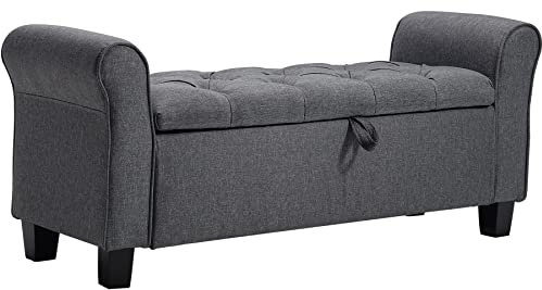 INMOZATA Linen Fabric Window Seat Bench with Storage Footstool for Living Room, Bedroom, Hallway (Grey)