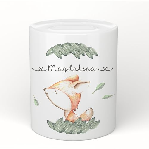 Manufaktur Liebevoll Personalisierte Keramik Spardose Fuchs für Mädchen und Jungen mit Namen (Motiv Magdalena)