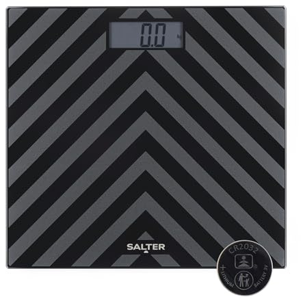 Salter Digital Bathroom Scale - Electronic Digital Bodyweight Scale, Black Chevron Glass Platform, 180kg/28st 8lb, LCD Large Display, Step On Instant Accurate Readings, Slim Storage, Includes Battery