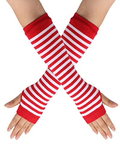 B-HOT Warme fingerlose Handschuhe, dehnbar, gestrickt, Daumenloch, Sonnenschutz, lange Arme, gestreift, rot / weiß, Einheitsgröße
