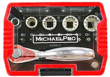 Michaelpro MP012006RD - Llave de trinquete (1/4, mini destornillador de alto par, carraca 17 en 1, con puntas de 4 mm, ranuras y adaptador)