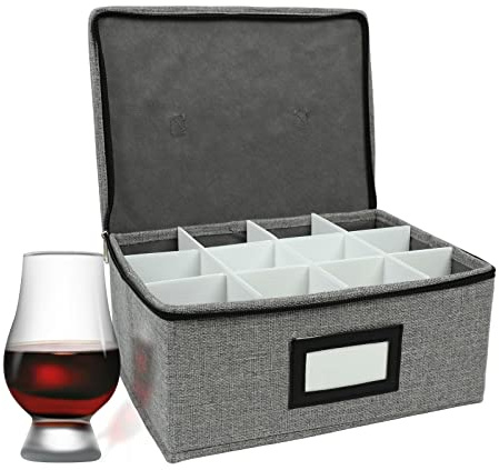 HURZMORO Storage Box for Whisky Glass,12 Whiskey Glasses Holder for Organizer, Fully-Padded Inside with Sturdy Construction, Packing Boxes with Dividers for Moving Whiskey Gift (12 compartments)