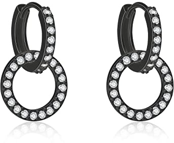 Fcebsty Schwarz Ohrringe Silber 925 Hängend für Mädchen, 10mm S925 Sterling Silber Doppelter Creolen Mit Zirkonia, Double Circle Hoop Schmuck für Hochzeitsgeschenke für Frauen