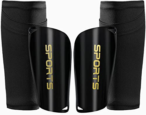 Espinilleras de Fútbol Con Calcetines y Tira Antideslizante - Ergonómicas Para Niños, Jóvenes y Adultos - Protección Total (S, Negro)