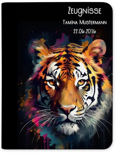 CreaDesign Customize A4 Zeugnismappe für Kinder 26,7x32,7x1 cm, Sichtbuch mit 10 Klarsichthüllen, erweiterbar auf bis zu 20 Taschen, Tiger dark design, Dokumentenmappe für Schüler