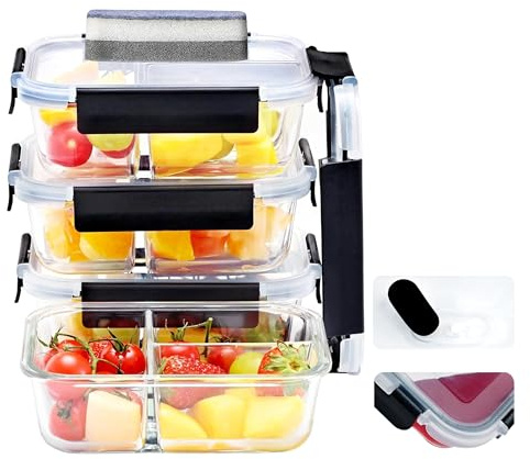 Hcrvvi 4-Pack 1040ml Glass Meal Prep Containers, Glass Containers With Lids, 3 Compartments Portion Control Upgraded Snap Locking Lids, BPA Free Food Covered containers and 1 Cleaning Sponges