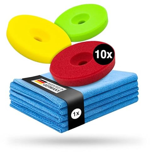 Liquid Elements – Centriforce V2 Polierpads 75mm Set + 5 Mikrofasertücher – Polierschwämme mit Spezial-Fräsung für optimierte Ergebnisse – Finish, Medium & Heavy Cut Polituren (3 Stärken á 10 Stück)
