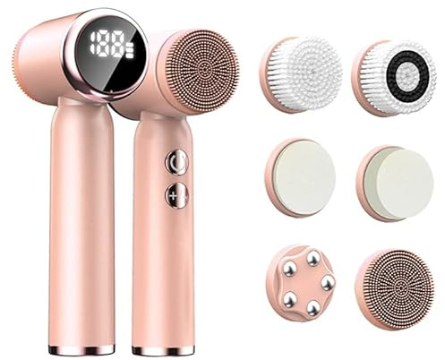 6 In 1 Ultrasonic Electric Face Cleansing Brush Compress Therapy Facial Exfoliating Pore Cleaner Blackhead Removal (Pink)