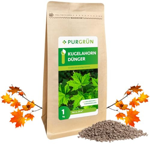 Purgrün® Kugelahorn-Dünger 1 kg – Organisch-mineralische Rezeptur – Feinkörniges Krümelgranulat – NPK 5+4+6 – Extra Magnesium für eine leuchtende Blattfärbung – Verbessert die Bodenqualität