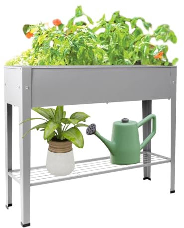 Hershii Pflanzbeet mit Bein Hochbeet aus Metall Verzinkter Stahl mit praktische Ablauföffnung für Garten, Balkon, Terrasse, Pflanztrog, Kräuterbeet (Grau, Große Größe)