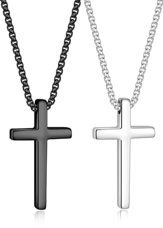 TINGN Kreuzkette Männer - 2 Stück Kreuzkette Herren Jungen Edelstahlkette mit Kreuzanhänger Halskette Silber Schwarz Kreuz Halskette Set Männer Schmuck Geschenk Kettenlänge 46-76cm