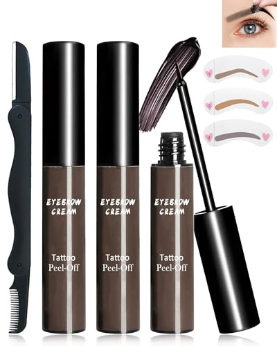 Augenbrauengel Peel Off, Wasserfest Tattoo Eyebrow Gel Tint, Hält 3 Tage | 2Pcs Langanhaltende Getönt Augenbrauen Tattoo Farbe Gel mit 6 Schablonen, Transfer-proof Augenbrauenfarbe Makeup, Graubraun