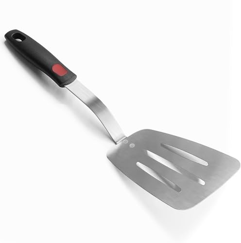 XiaoZu Stainless Steel Flexible Spatula Turner, Thin Metal Slotted Spatula for Cast Iron Skillet, Thin Blade and Heat Resistant Silicone Handle (Slotted Large)