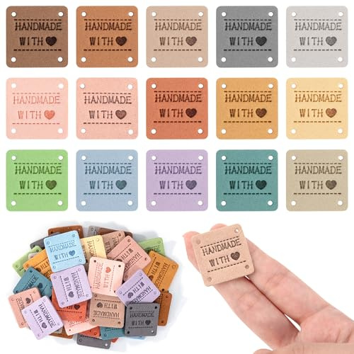 Baimuni Handgefertigte Lederetiketten, 60 Stück Pu Leder Label Handmade Labels zum Annähen, Nähen Etiketten mit Löchern, Kleideretiketten Geprägte Tag für Stricken und Häkeln Deko DIY, 15 Farben