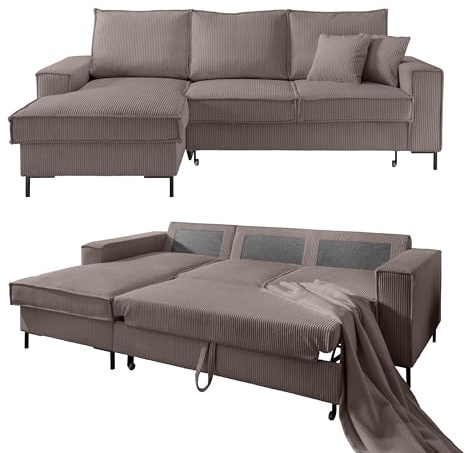 luma-Home 17225/ Ecksofa mit Schlaffunktion & Bettkasten, Braun Taupe | B240/T150/H92 cm, Wellenunterfederung, L-Couch mit Récamiere links, Liegefläche 125x198 cm, Cord-Bezug
