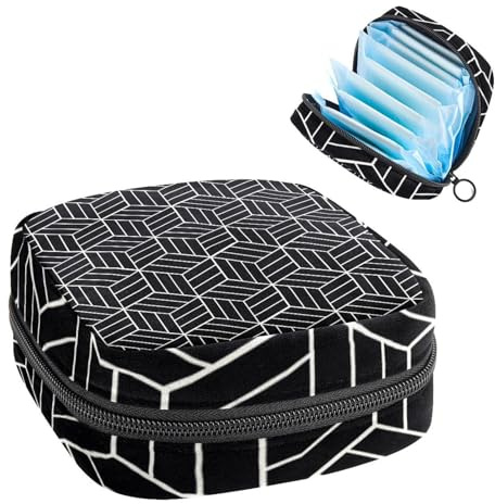 Aufbewahrungstasche für Damenbinden, Menstruationstasse, Tamponbeutel, Periodeneinlagen-Halter, Organizer für Frauen und Mädchen, japanisches inspiriertes schwarzes geometrisches Muster