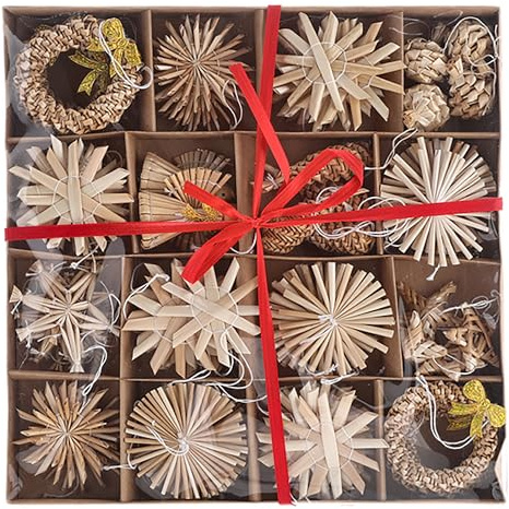 74 x Strohsterne Ø 6 cm - Baumschmuck nachhaltig - Christbaumschmuck | Stroh Sterne für den Christbaum - Baumhänger Stroh - Weihnachtsbaumschmuck Holz