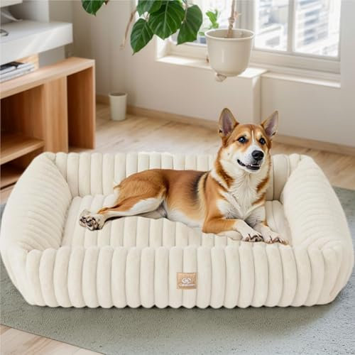 CareCooo Flauschiges Hundebett XXL für Große Hunde, Waschbar Abnehmbar, Rechteckig, rutschfest & Komfortabel, Hundekörbchen, Hundekissen, Hundesofa für Extra Große Rassen, weiß, XL(109x76x20cm)