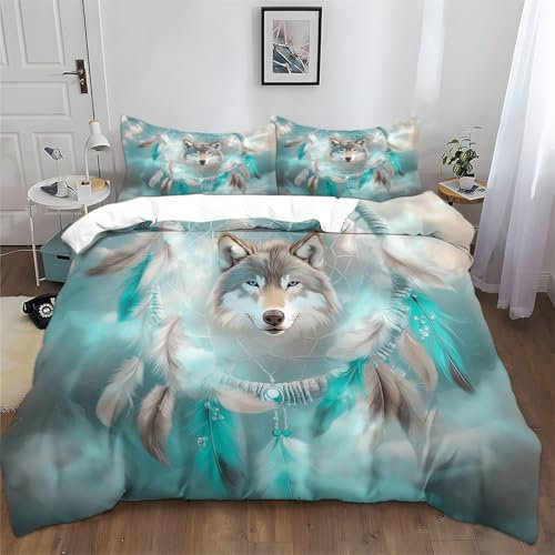 Generisch Blau -Bettbezug-Set,Traumfänger Wolf Wolke Kinder-Bettwäsche-Set für Jungen, Jugendliche, Herren, 135 x 200 cm Mikrofaser-Bettbezug für Schlafzimmer