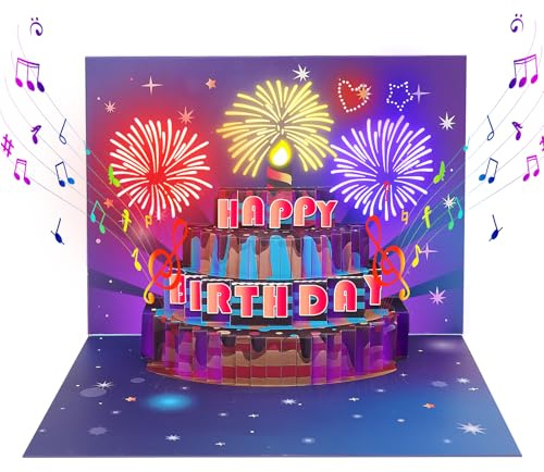 Cardaros Biglietti di compleanno, biglietti di auguri pop-up con luci e suoni, fuochi d'artificio, regali di compleanno per donne, uomini, mamme, sorelle, mogli e bambini