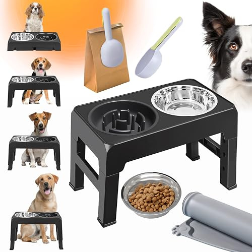 Pack Comedero Alto Perro, Comedero y Bebedero Perro 4 Alturas+coMedero Antivoracidad PERRO+Cuchara dosificadora+Alfombrilla Antideslizante,Cuenco perrO,comedero Elevado perro,comederos perros elevados