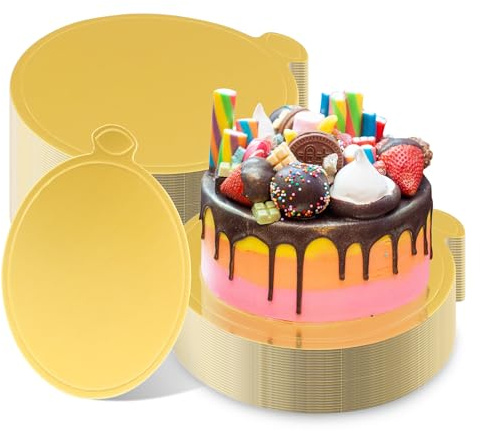 50 Pcs 5 Inch Mini Cake Boards Round Golden Mousse Cake Boards Disposable Cardboard Plate Round Coated Cakeboard for Kitchen Baking Caking Pizza Dessert Cupcake Tray (5 Inch)