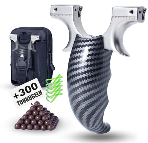 Zetterrank Steinschleuder Profi Set mit Schnellwechsel-Clips, Zwille für Erwachsene aus 440C Edelstahl mit Ergonomischem Kohlefaser-Griff, Slingshot Jagd Set inklusive Munition und Gürteltasche