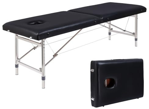 MBBTAG Massageliege 2 Zonen Massagetisch Kosmetikliege mit Griff Massagetisch Tragbar Metallrahmen Therapieliege HöHenverstellbare Massagebank Massageliege Klappbar, für Spa, Salon, Tattoo(Schwarz)